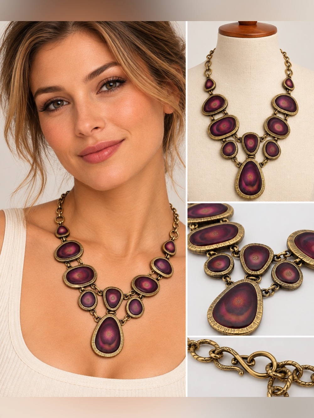 Antiqued Gold-Tone Purple Statement Bib Necklace